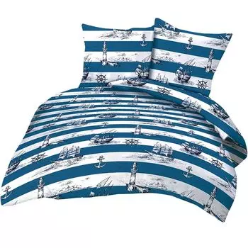 Постельное белье из ситца, 2 предмета 135х200см + 80х80см - маяк, морской, якорь, корабль в темно-синем и белом цвете - комплект постельного белья, 100% хлопок, без утюга (BS-736-2) Heubergshop
