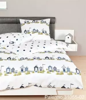 Постельное белье Janine Mako из сатина, пододеяльник, 2 предмета, 135 х 200 см, наволочка 80 х 80 см 31055-02 Palermo Maritim House белый синий Original Janine