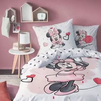 Постельное белье Minnie Mouse 135x200 + 80x80 см 2 шт., 100% хлопок Renforce, сладкий Disney Minnie Mouse, постельное белье для девочек с множеством сердечек в розовом/нежно-розовом, белом и красном цветах