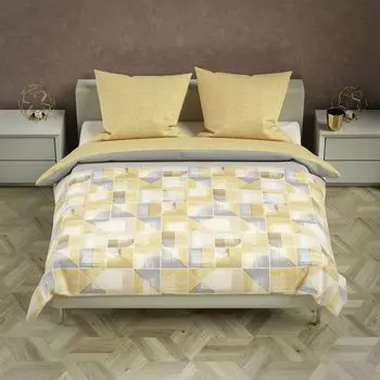 Постельное белье мозаика в полоску в горошек желто-серое двустороннее постельное белье хлопок Renforc, размер: 2 шт. 155х220 см - oversize One-Home