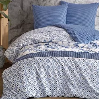 Постельное белье пейсли ретро цветы в полоску белый синий двусторонний хлопок renforc, размер: 2 шт. 155х220 см - oversize One-Home