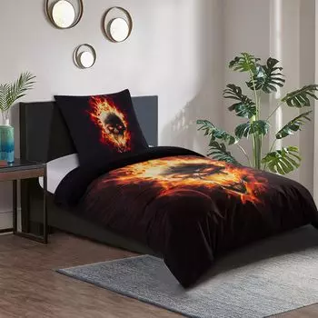 Постельное белье SANILO 135х200 см, 100% тончайший хлопок, 2 шт., пододеяльник, наволочка 80х80см - череп в огне