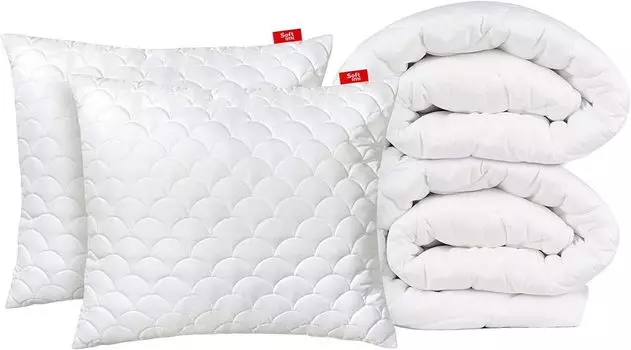 Постельное белье SOFTIMI Белый комплект постельного белья Премиум-пуховое одеяло и подушка — микрофибра, гипоаллергенная, антиаллергенная, против клещей (2x135x200 + 2x80x80)