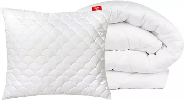 Постельное белье SOFTIMI Белый комплект постельного белья Премиум-пуховое одеяло и подушка — микрофибра, гипоаллергенная, противоаллергическая, против клещей (155x220 + 80x80)