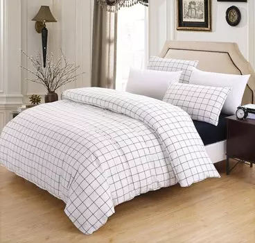 Постельное белье в клетку 135х200, белый хлопковый пододеяльник, 2 предмета, геометрический черный антрацитовый рисунок 4 - подходит для сезонов OD19