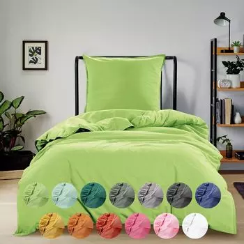 Постельное белье WOMETO Renforce Stone-Washed 135x200 и 80x80 см 100% хлопок - яблочно-зеленый современный вид подержанного льна