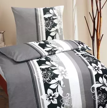 Постельное белье зимнее бобровый хлопок тонкая фланель 135х200 + 80х80 см на молнии Размер: 2 шт. Дизайн: Цветочный антрацит MB Warenhandel24