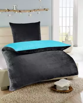 Постельное белье зимнее флисовое кашемировое прикосновение уни двустороннее теплое 2 шт. 135х200 на молнии цвет антрацит/бирюзовый MB Warenhandel24
