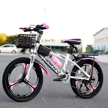 Постоянный детский велосипед, горный велосипед 18 дюймов, белый порошок + встроенное колесо + дисковый тормоз с регулируемой скоростью + заднее сиденье + корзина HJ FOREVER
