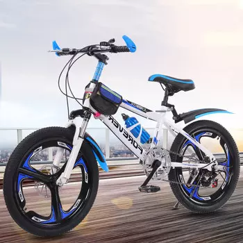 Постоянный студенческий горный велосипед для мужчин и женщин, 22-дюймовое бело-синее интегрированное колесо + передние и задние дисковые тормоза + регулируемая скорость HJ FOREVER