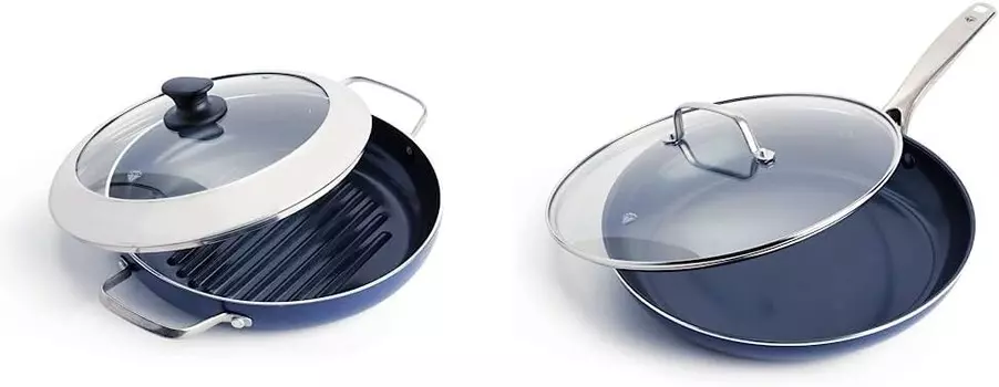 Посуда Blue Diamond Керамическая антипригарная посуда с бриллиантами 11-дюймовая сковорода Genie для гриля с крышкой + 12-дюймовая сковорода с крышкой