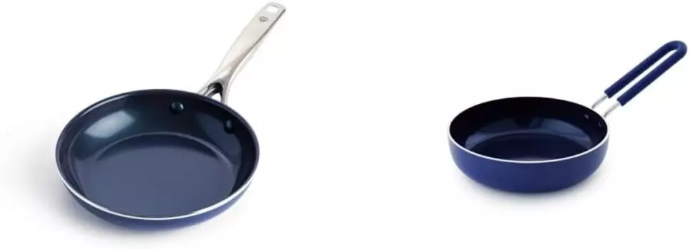 Посуда BLUE DIAMOND Керамическая сковорода с антипригарным покрытием, 8-дюймовая новая версия и посуда Здоровая керамическая мини-сковорода с антипригарным покрытием, синяя ECTY, Blue