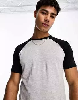 Потертая футболка реглан серого и черного цвета Threadbare