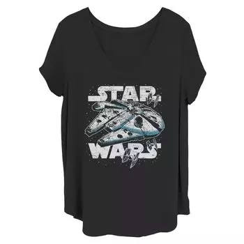 Потертая футболка с V-образным вырезом Juniors' Plus Star Wars Millennium Falcon и графическим рисунком Licensed Character