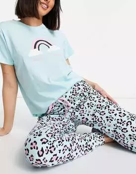 Потертая пижама с леопардовым принтом голубого цвета Threadbare