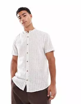 Потертая рубашка с короткими рукавами и воротником-стойкой в полоску цвета камня и экрю Threadbare