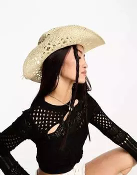 Потертая соломенная ковбойская шляпа натурального цвета Threadbare