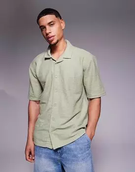 Потертая трикотажная фактурная рубашка с короткими рукавами в цвете шалфея Threadbare