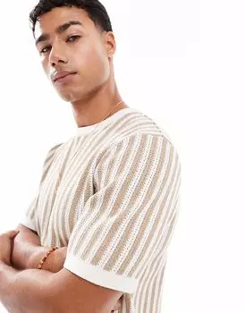 Потертая трикотажная футболка из плотного хлопка в полоску цвета загара и экрю Threadbare