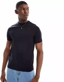 Потертая трикотажная футболка с круглым вырезом темно-синего цвета Threadbare