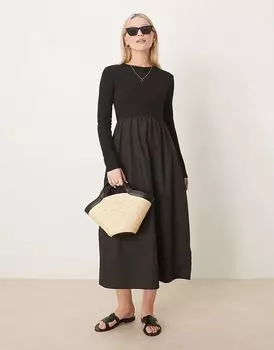 Потертое черное платье-миди с длинными рукавами и поплиновой юбкой Threadbare