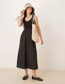 Потертое платье макси с круглым вырезом и поплиновой юбкой черного цвета Threadbare