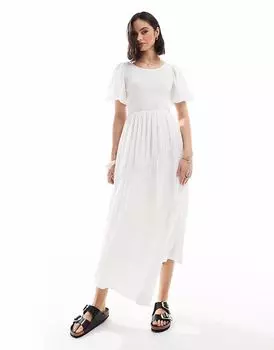 Потертое платье миди с рукавами-фонариками белого цвета Threadbare