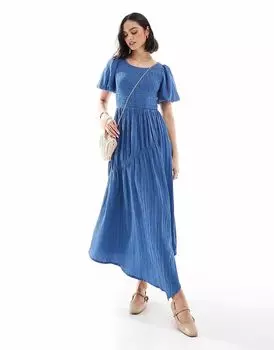 Потертое платье-миди с рукавами-фонариками синего цвета Threadbare