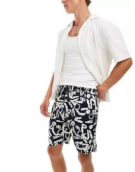 Потертое– Темно-синие шорты с резинкой на талии>абстрактный узор 3r