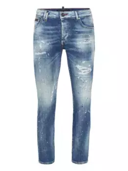 Потертые джинсы с брызгами краски Philipp Plein, синий