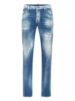 Потертые джинсы с заклепками Philipp Plein, синий