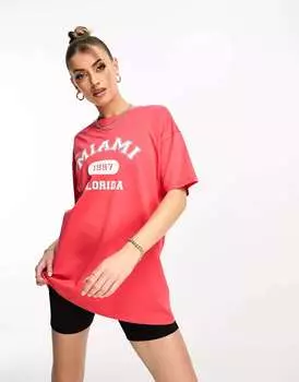 Потертые шорты с надписью Miami и футболка оверсайз красного цвета Threadbare