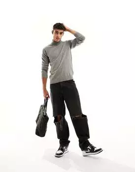 Потертый хлопковый джемпер с высоким воротником светло-серого цвета Threadbare