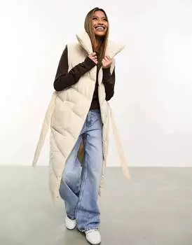 Потертый каменный удлиненный жилет оверсайз Sammie с шалевым воротником и завязкой на талии Threadbare