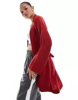 Потертый Красный кардиган с завязками спереди и шалевым воротником