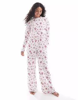 Потертый пижамный комплект с длинными рукавами и принтом в виде банта в розово-белых тонах Threadbare