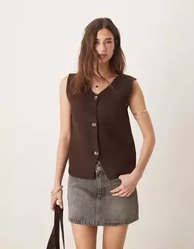 Потертый трикотажный топ на пуговицах шоколадно-коричневого цвета Threadbare