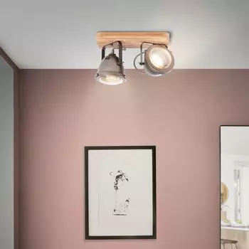 Потолочный светильник BRILLIANT Carmen Wood | промышленные старинные потолочные светильники | 27см | Металл/Дерево | Обожженная стальная древесина | 2x GU10 макс. 5 Вт, светло-коричневый