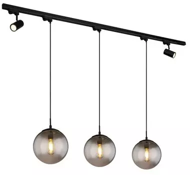 Потолочный светильник Globo Lighting черный матовый металл, черный пластик, дымчатое стекло, черный матовый металл, кабель текстильный черный, подвижный, 3-фазная рейка, вкл. : 1930x250x1200 мм, без 3x E27 60 Вт 230 В, без 2x GU10 35 Вт 230 В