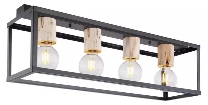 Потолочный светильник Globo Lighting металл черный матовый, цвет натурального дерева, металл черный матовый, декоративные накладки из дерева над розетками, ДхШхВ: 750х200х225мм, без 4x E27 60Вт 230В.