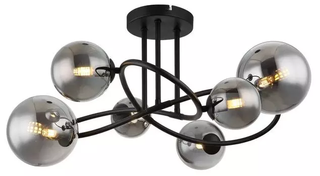 Потолочный светильник Globo Lighting металл черный матовый, дымчатое стекло, ДхШхВ: 620х590х350мм, диаметр стекла: 2х10см, 2х12см, 2х15 см, в комплекте 6x G9 LED 3,5Вт 230В, источник 350лм, выходная мощность 130лм, 3000К