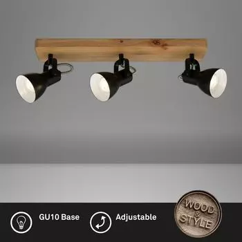 Потолочный точечный светильник BRILONER LEUCHTEN ARBO, 35 Вт, IP20, черный, дерево-металл, вкл., 3x GU10, 48 x 10 x 13,5 см