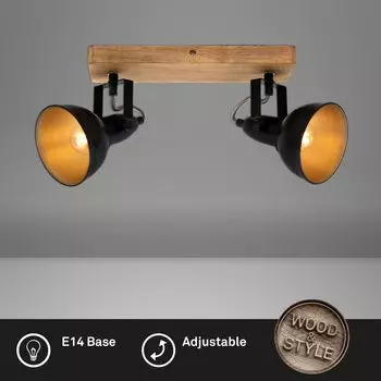 Потолочный точечный светильник BRILONER LEUCHTEN BARNIM, 25 Вт, IP20, черный, металл-дерево, 2x E14, 28 x 11 x 15,7 см