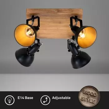 Потолочный точечный светильник BRILONER LEUCHTEN BARNIM, 25 Вт, IP20, черный, металл-дерево, 4x E14, 28 x 28 x 15,7 см