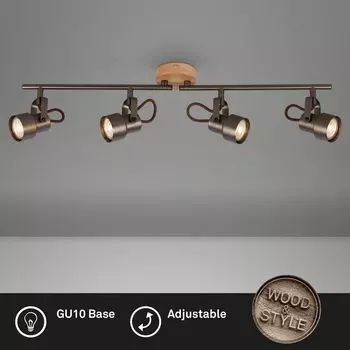 Потолочный точечный светильник BRILONER LEUCHTEN TAHUN, 5 Вт, 460 лм, IP20, античный серый, металл-дерево, в комплекте, 4x GU10, 68,4 x 9 x 15,5 см