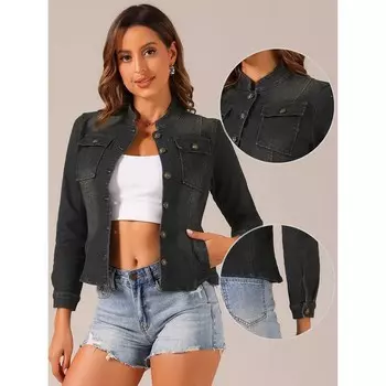 Повседневная джинсовая куртка для женщин. Классические джинсовые куртки с воротником-стойкой и длинными рукавами. ALLEGRA K, черный