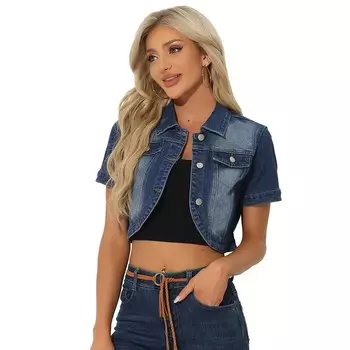 Повседневная джинсовая куртка для женщин. Укороченные джинсовые куртки с отложным воротником и короткими рукавами. ALLEGRA K, синий
