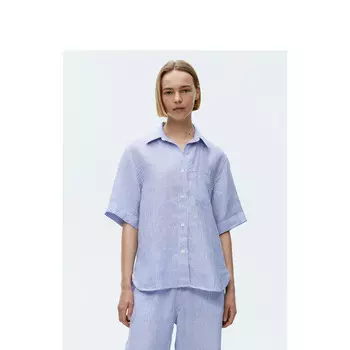 Повседневная льняная рубашка Arket с коротким рукавом и кубинским воротником, синие/белые полосы