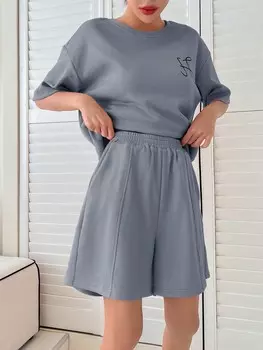 Повседневная одежда, графические буквы, открытые плечи Dazy, пастельно-синий