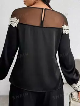 Повседневная рубашка Priv, сетчатый трикотаж, лоскутный дизайн, длинные рукава, размер большого размера Shein, черный